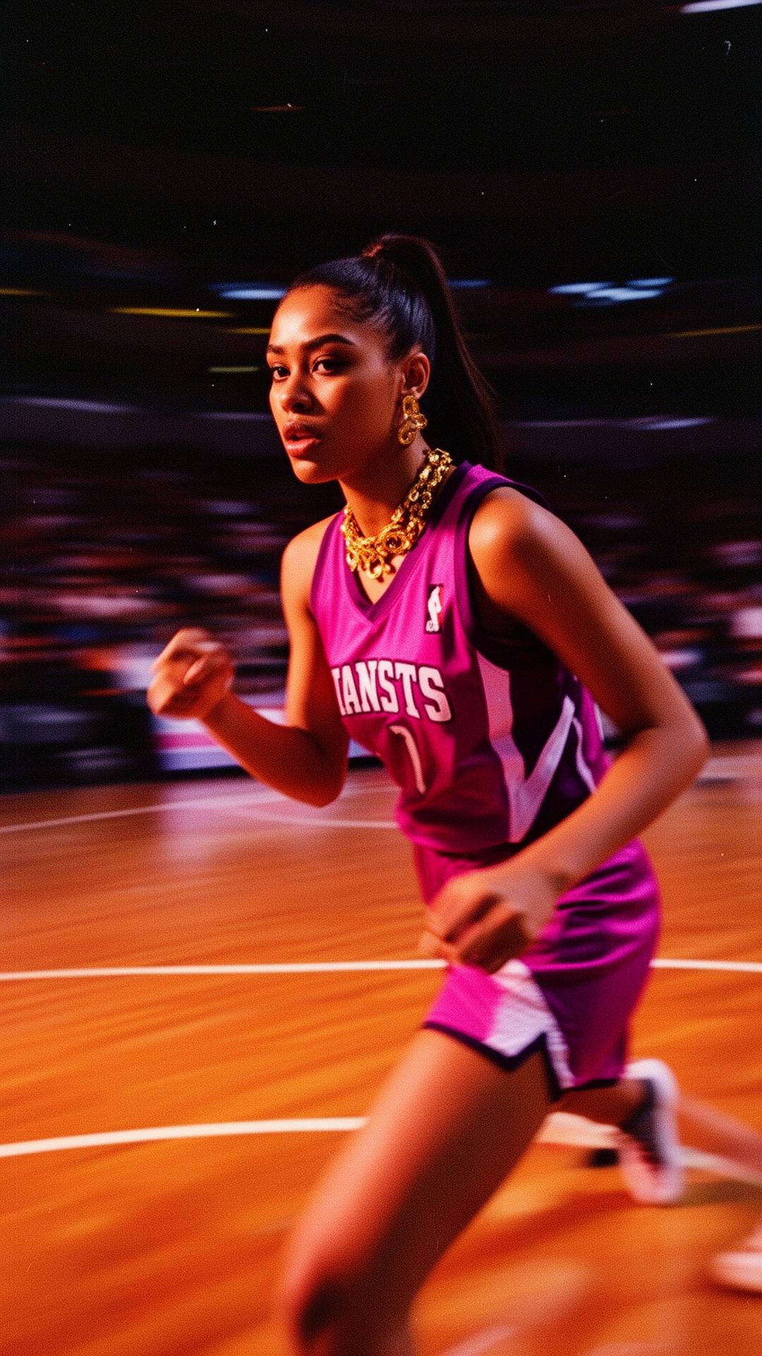 Jugadora en acción con jersey rosa y joyas doradas